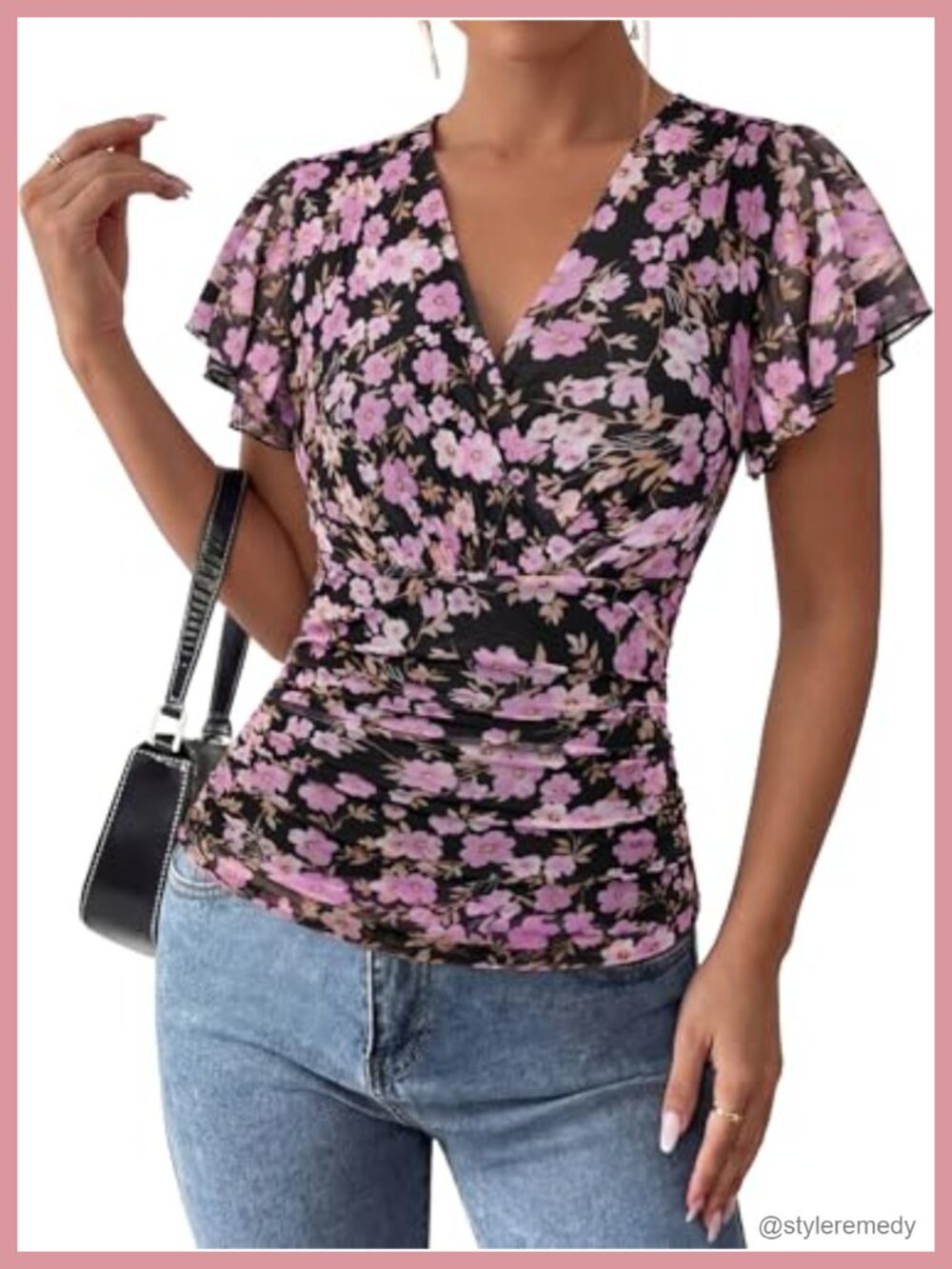 Womens Mesh Blouse Wrap V-Neck Ruched Waist Ruffle Sleeve Boho Top Dressy Casual